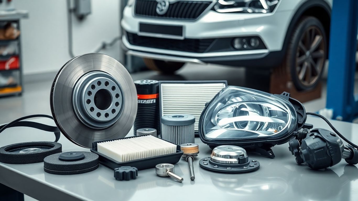 Skoda spare parts arranged on workbench near car
