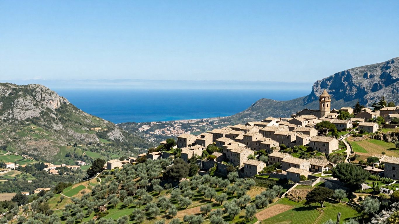 Scenic mountain and sea view of Deia, Mallorca.