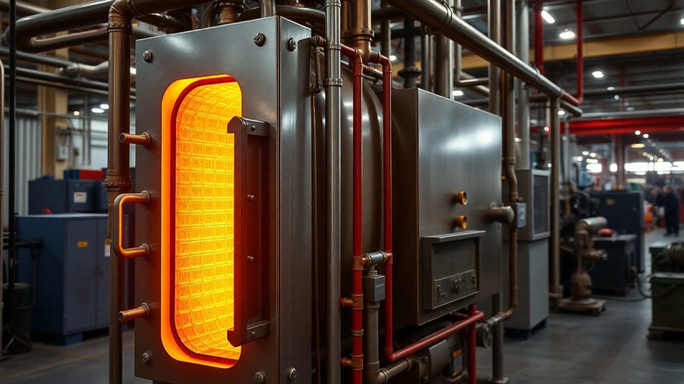 Industrial electric thermic fluid heater in a factory setting.