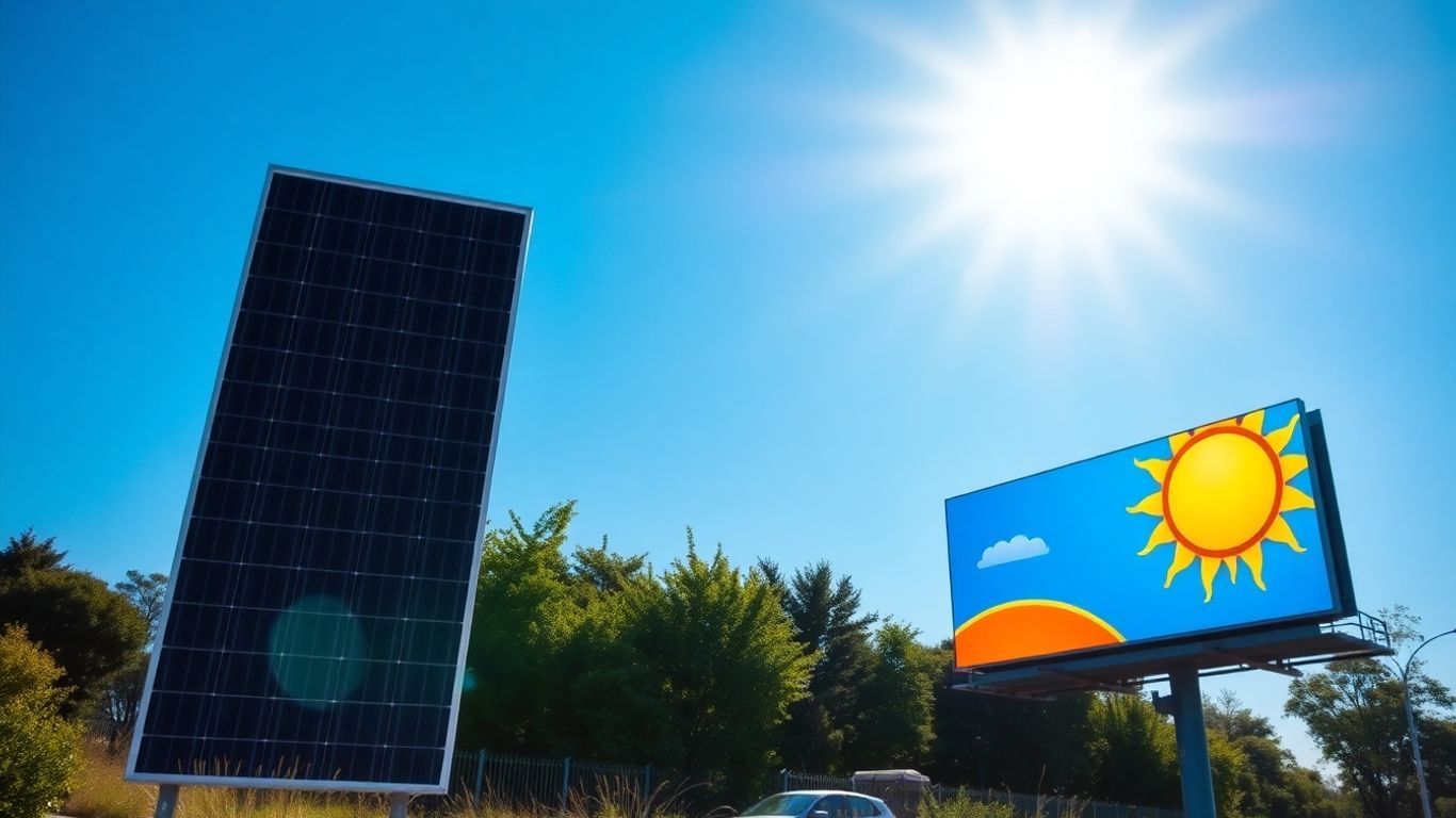 Panneau solaire et panneau publicitaire côte à côte.