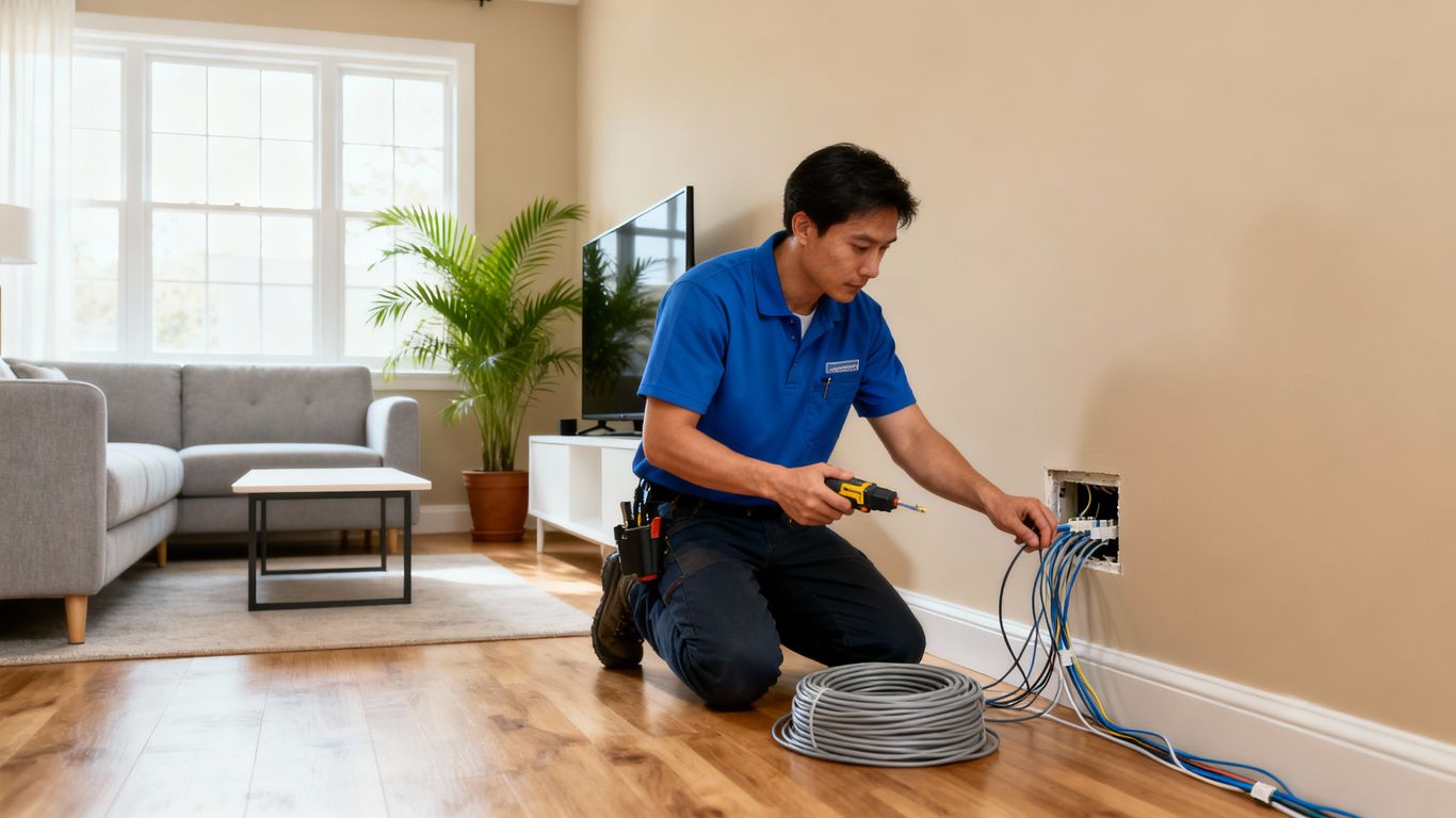 Technician installing Ethernet cables in a home.