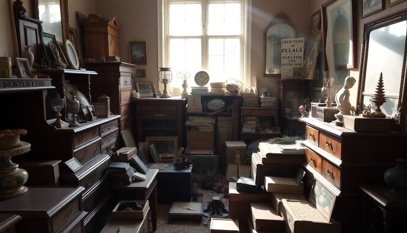 Cluttered room with antique furniture and boxes, suggesting a house clearing.