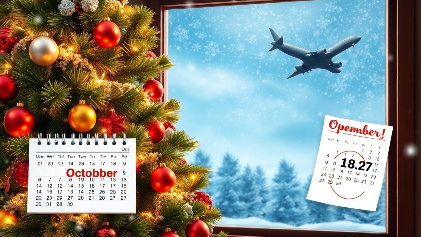 Christmas tree, snow, calendar, airplane, travel savings