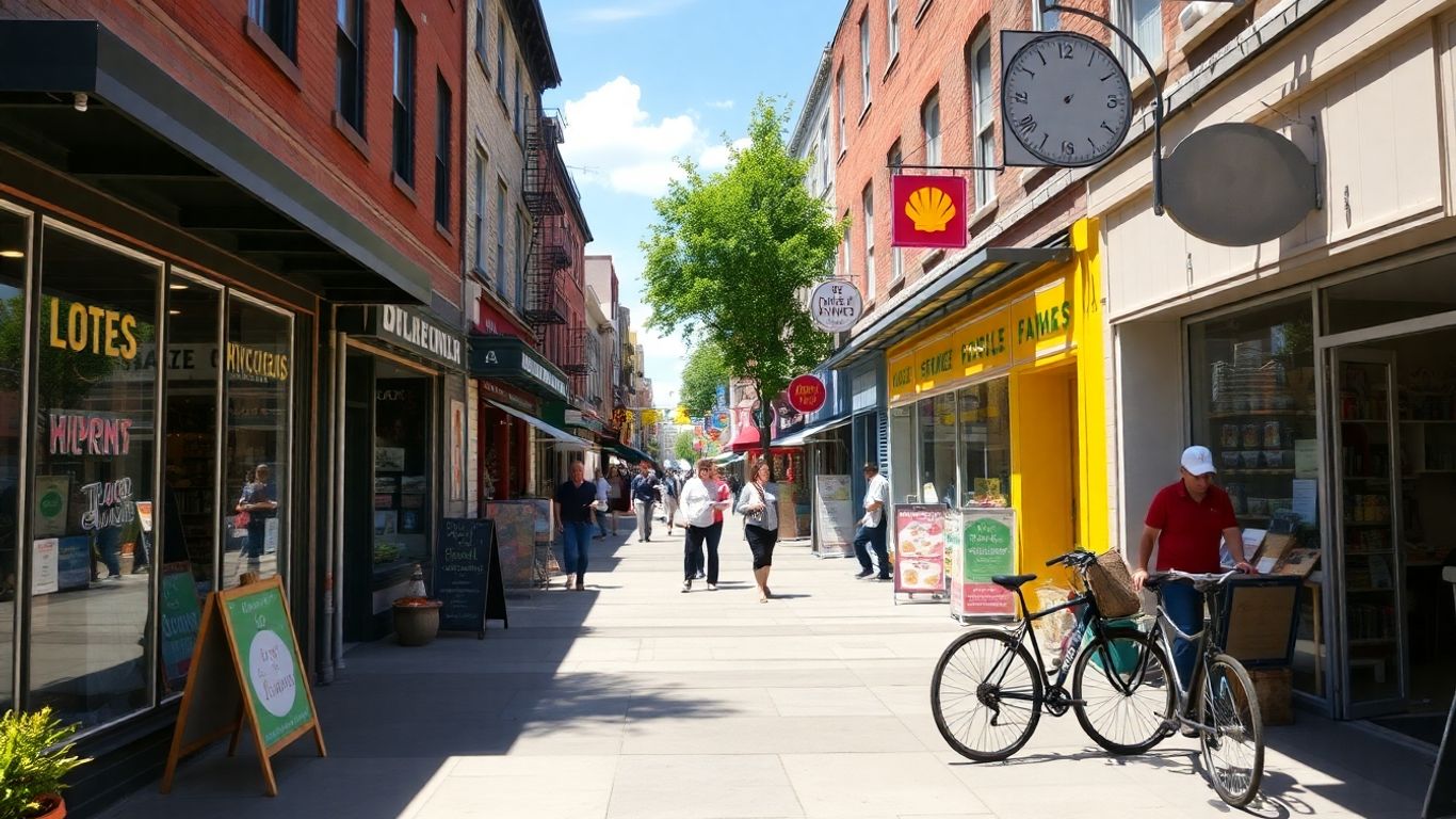 Small shops on a sunny street with people browsing.