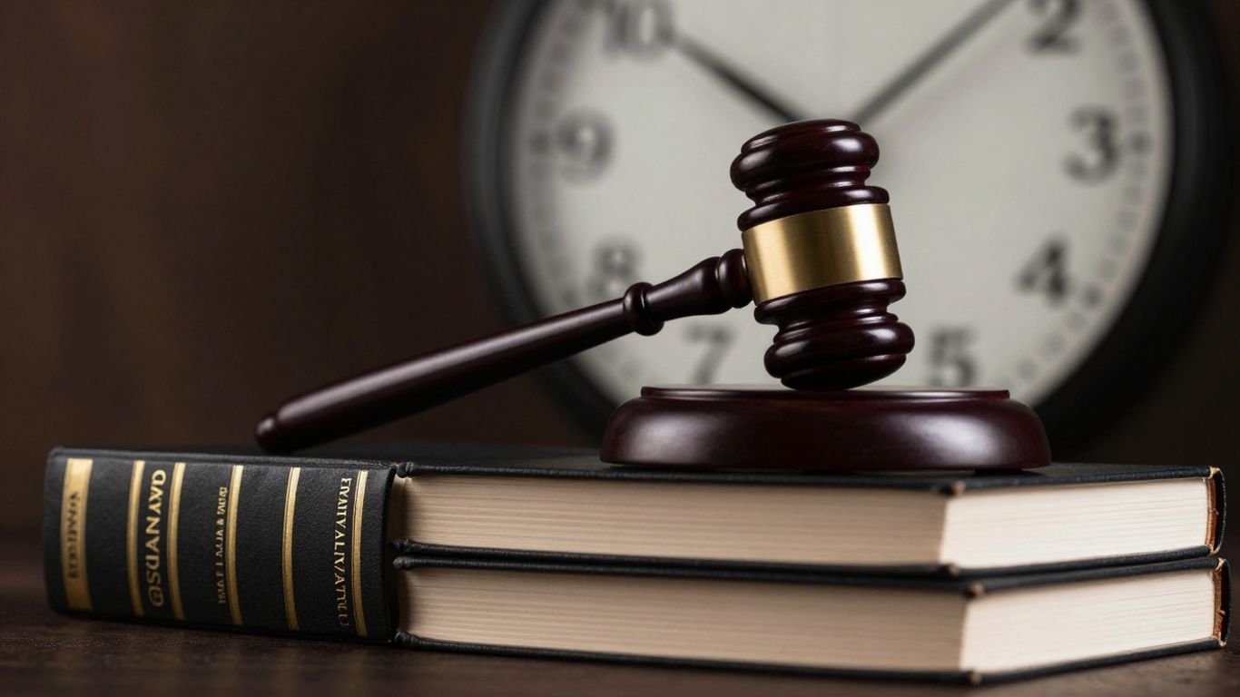 Gavel on books with a clock in the background.