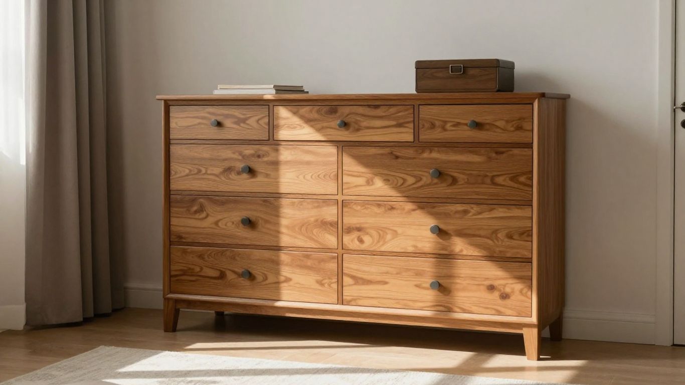 Spacious wooden dresser in a bright guest bedroom.