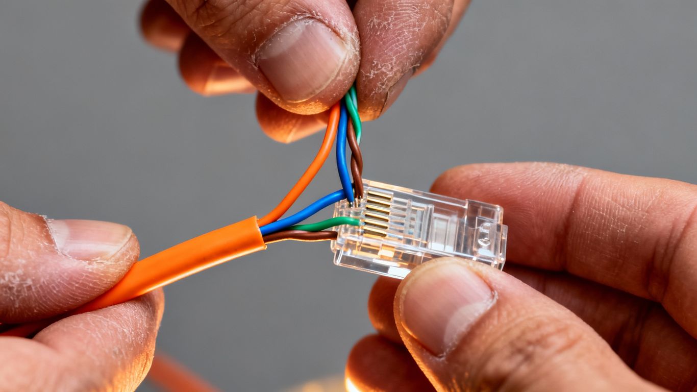 Ethernet cable wires being connected to an RJ45 connector.