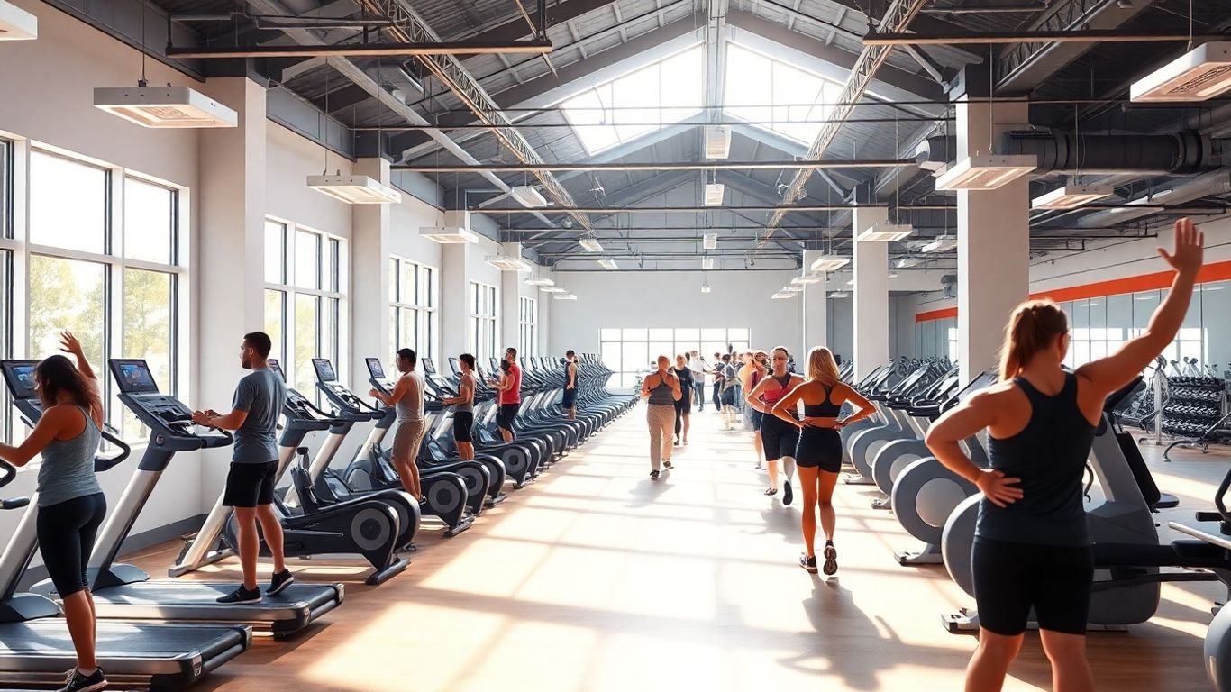 Personnes s'entraînant dans une salle de sport moderne et bien éclairée.