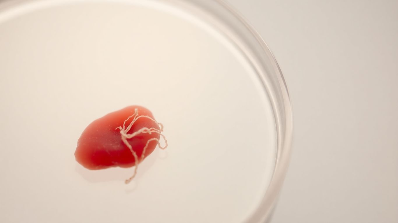 Carne cultivada em laboratório em uma placa de Petri.