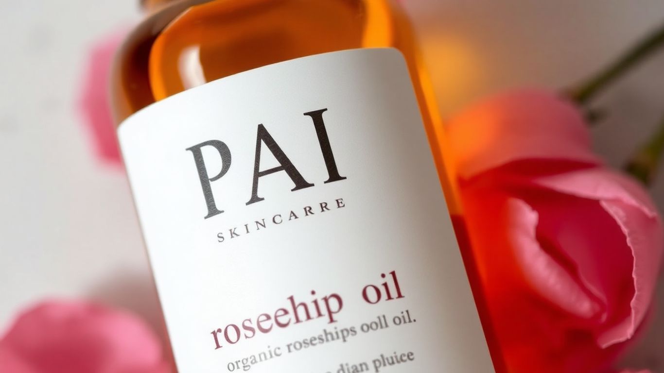 Pai Skincare organic rosehip oil bottle with rose petals.