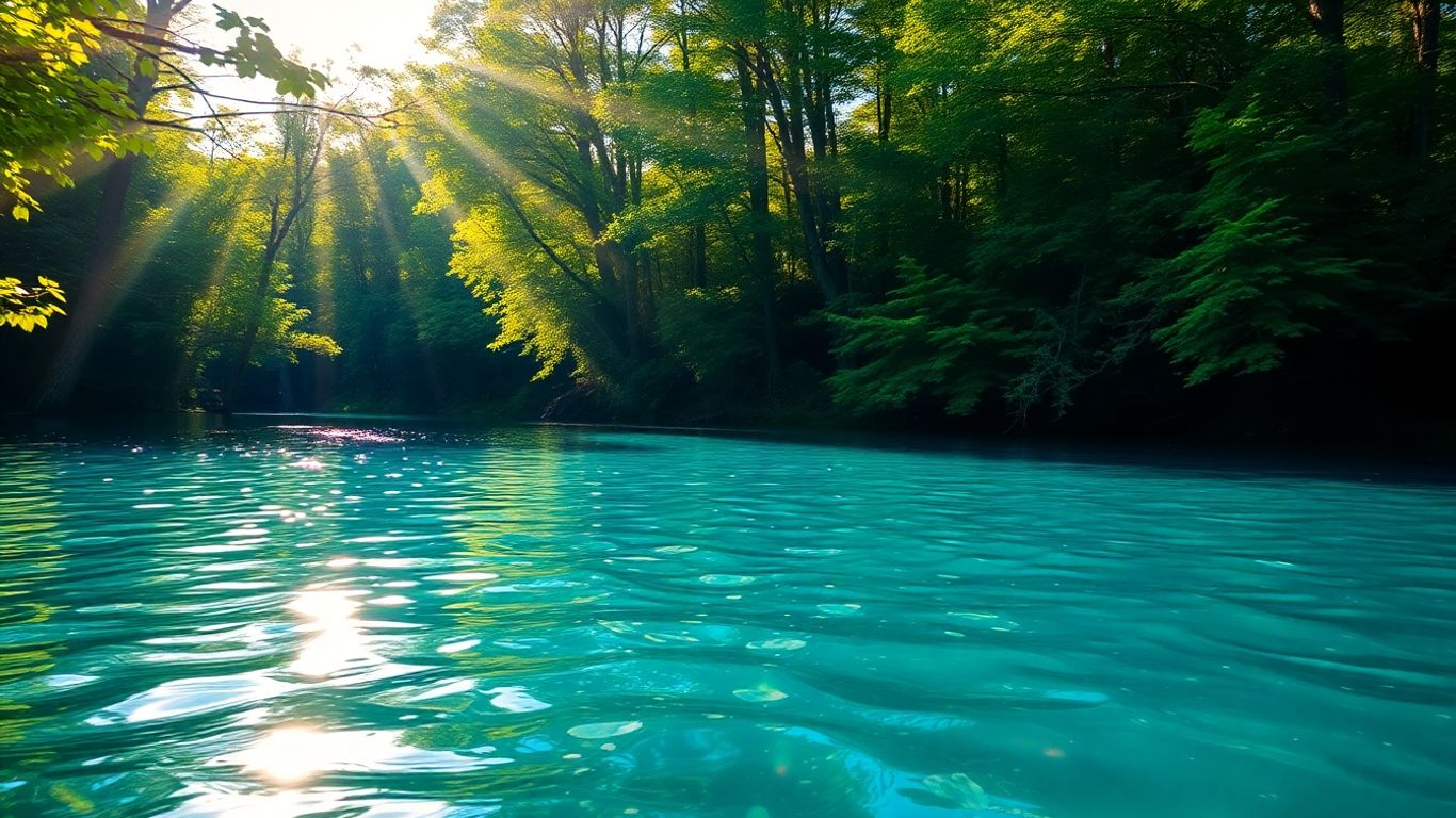 Sunlit forest scene with a clear blue lake.