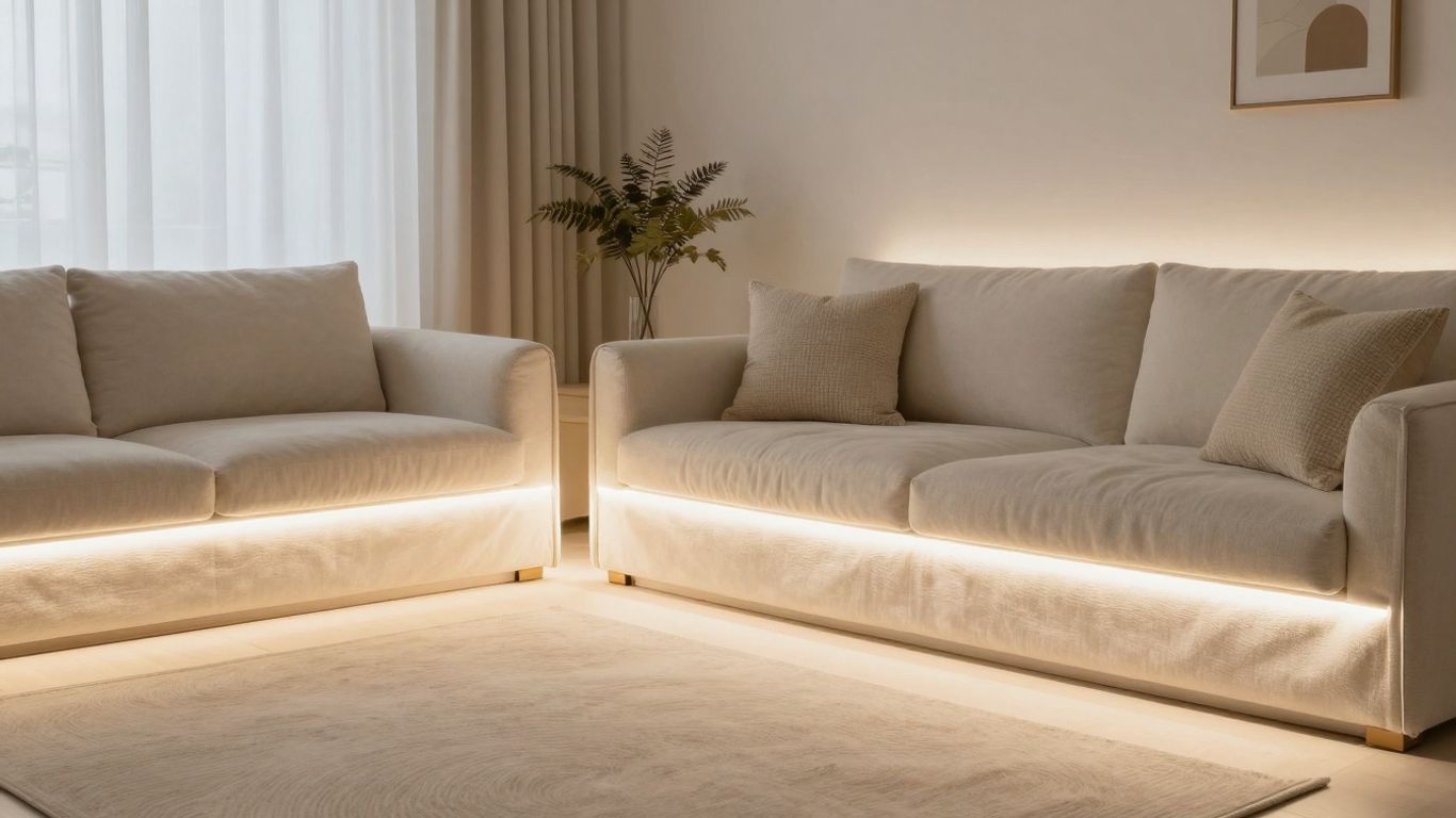 Warm white LED strip lights illuminating a living room.