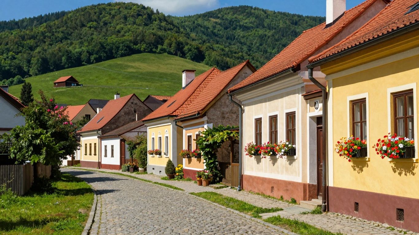 Malowniczy polski krajobraz z kamienistą ścieżką i kolorowymi domkami.