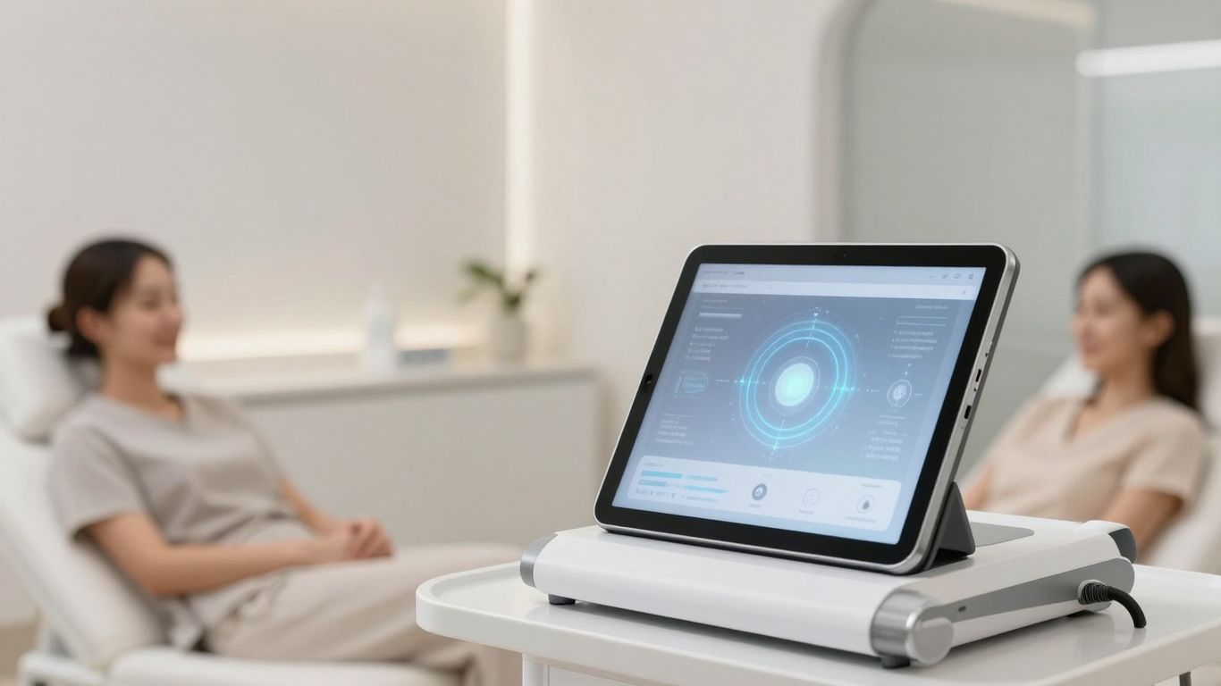 Modern medspa interior with digital interface on tablet.