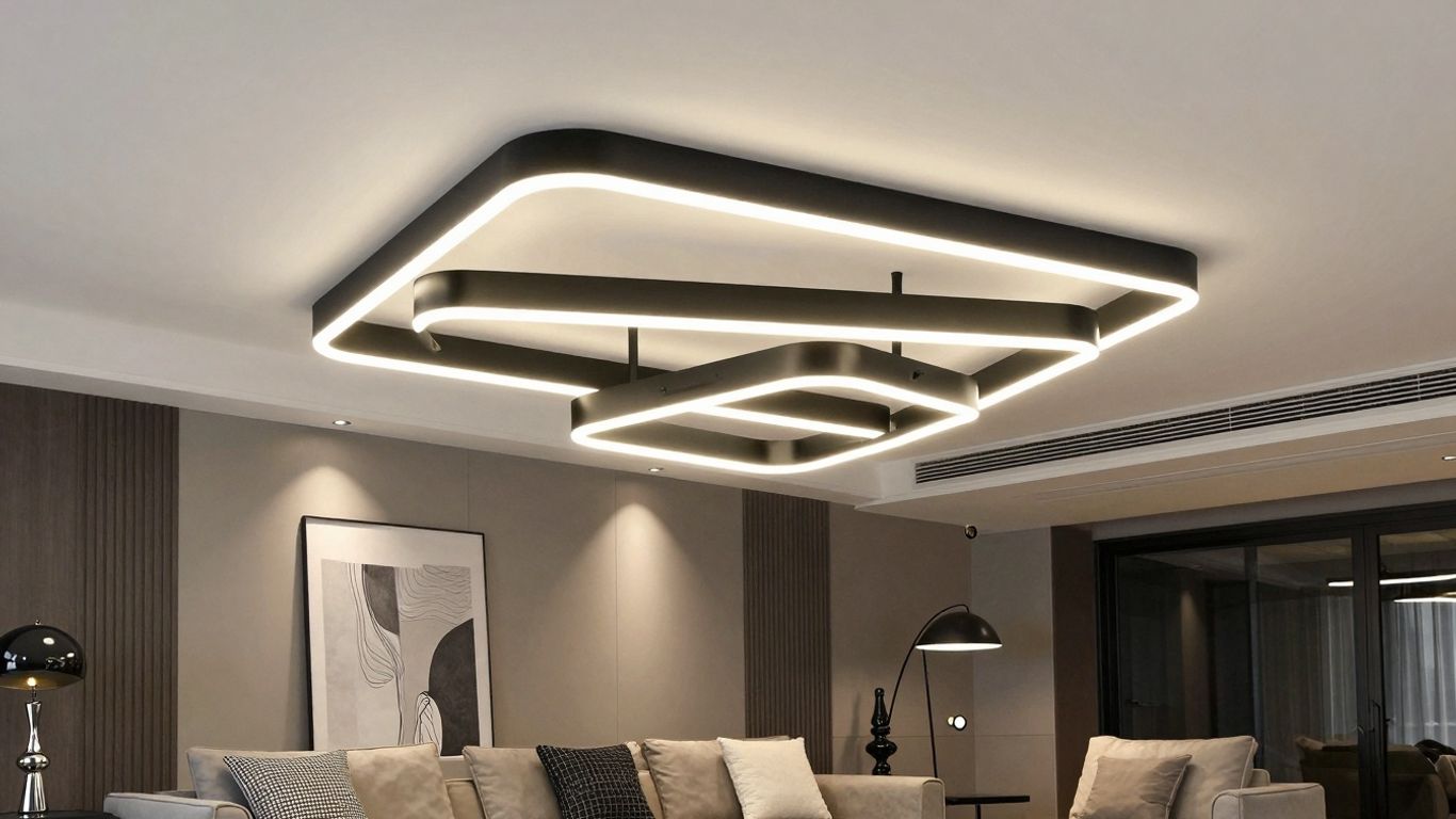 Modern black ceiling lights illuminating a stylish living room.