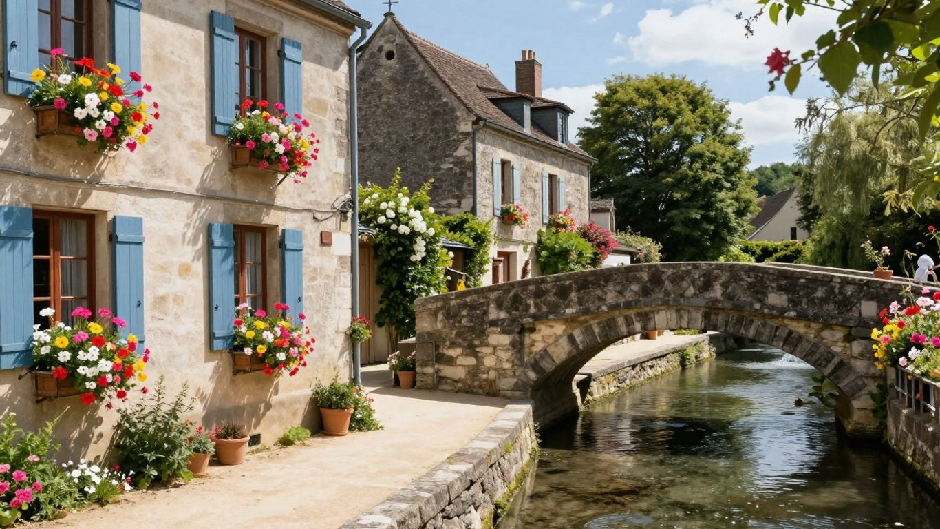 Charming village street with flowers and a bridge in Giverny.