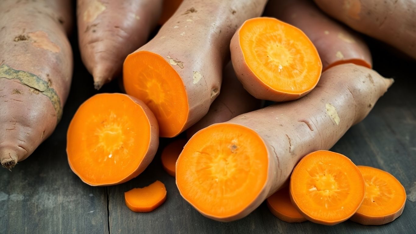 Biologische zoete aardappelen op een houten ondergrond