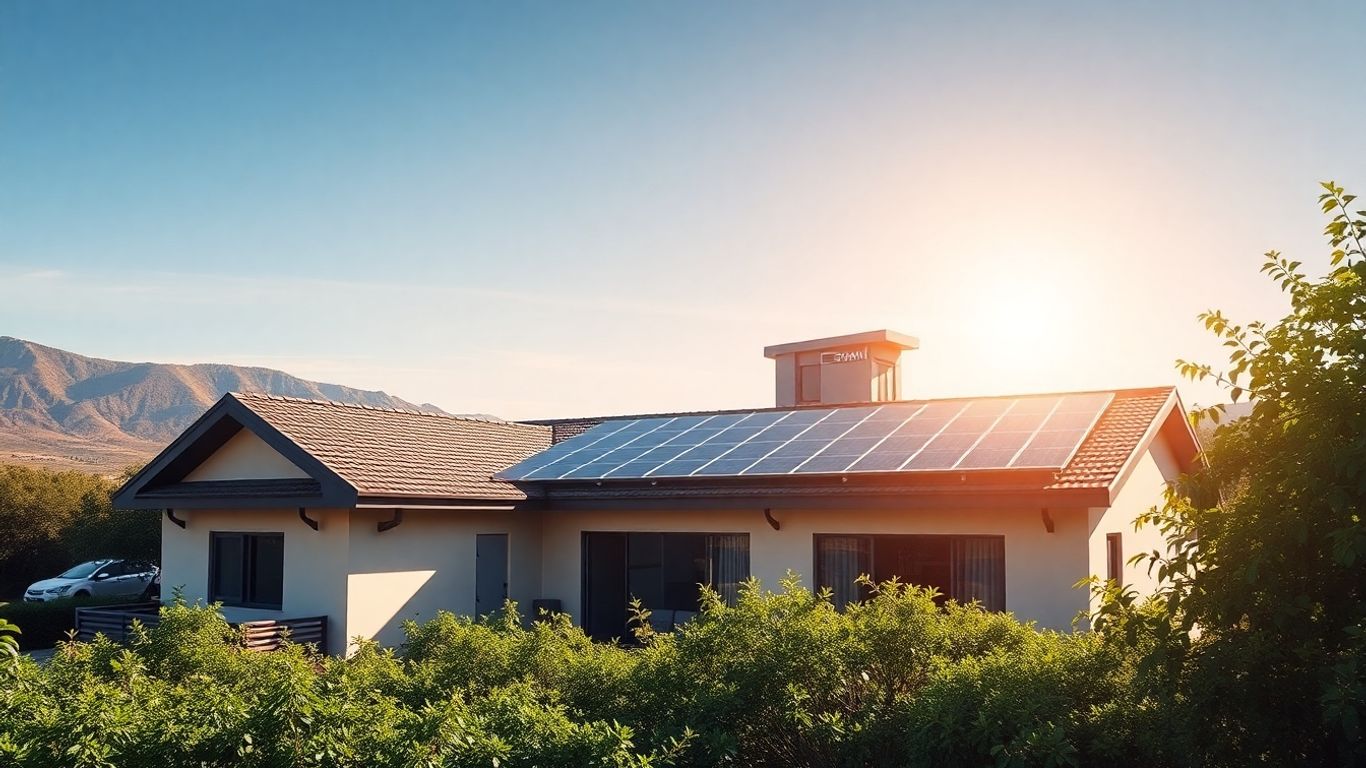 Solar panels on a South African home with a bank building.