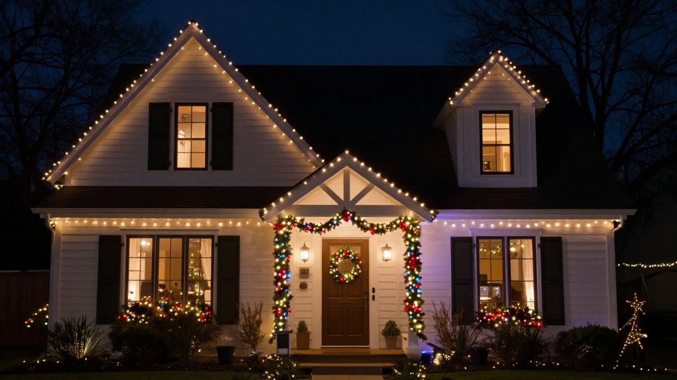Professionally installed Christmas lights on a house exterior.