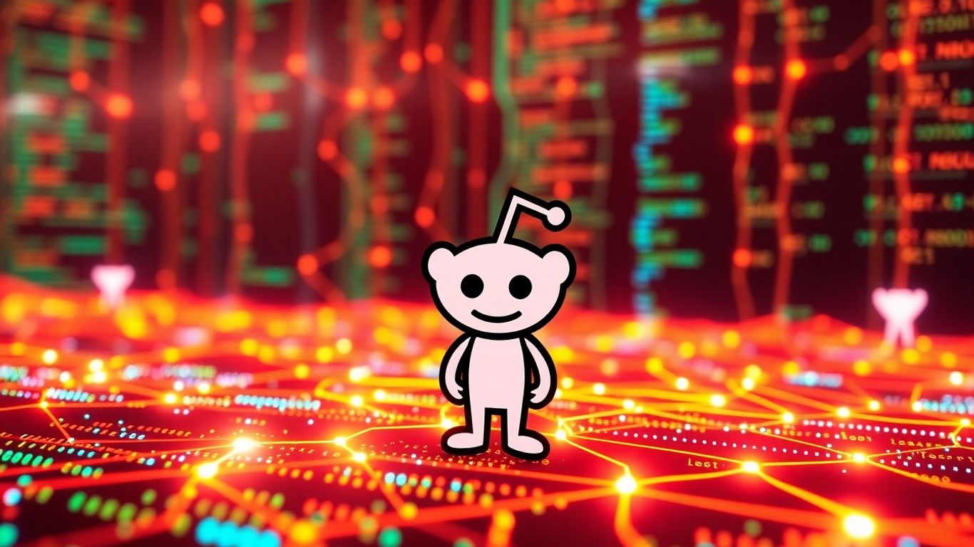 Reddit alien and code streams merging in digital space.