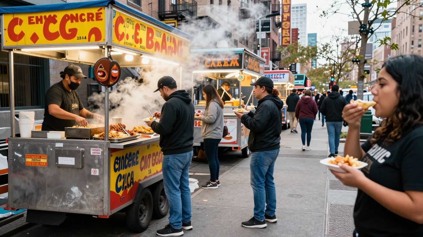 New York City street food vendors serving delicious budget meals.