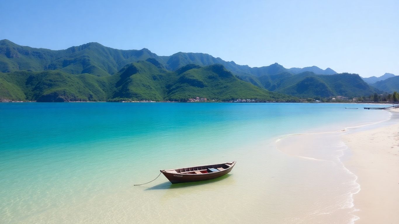 Labuan Bajo coastal landscape with turquoise water and green hills.