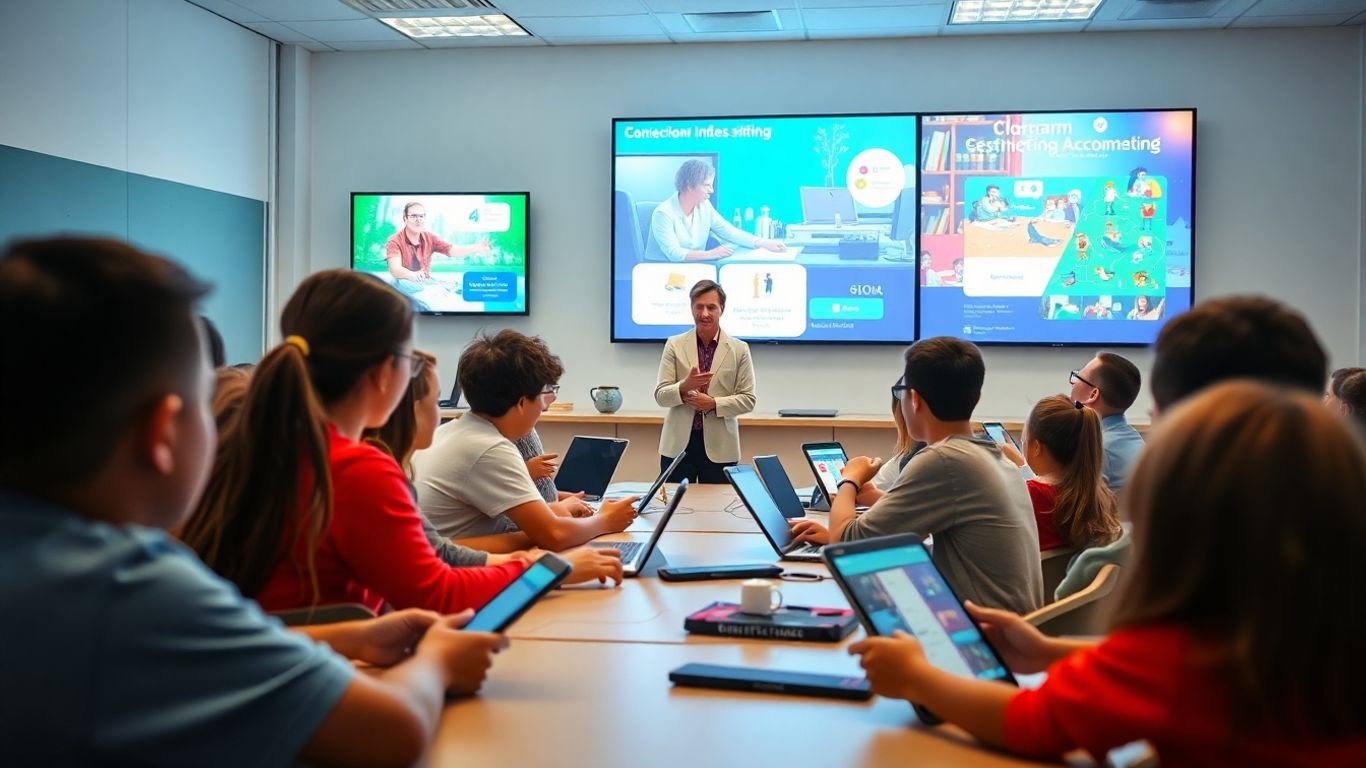 Elevi folosind dispozitive digitale în sala de clasă modernă.