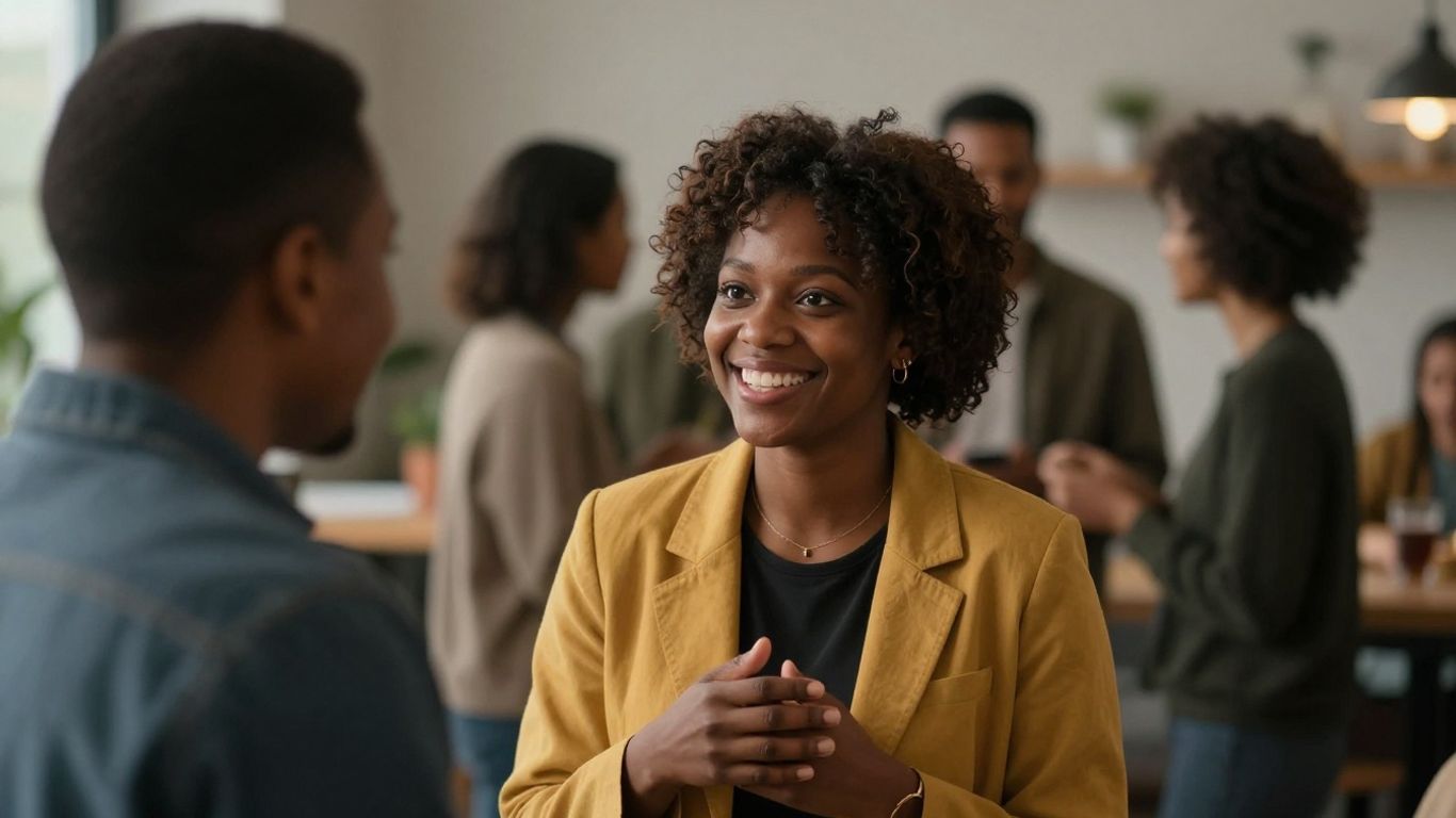 Persoană zâmbind și interacționând la o petrecere.