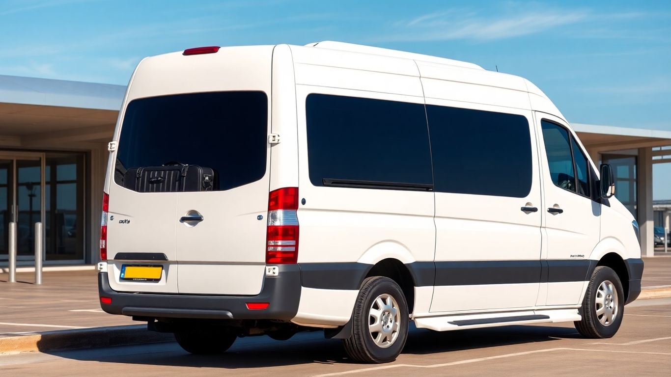 Minibus outside airport terminal with luggage.