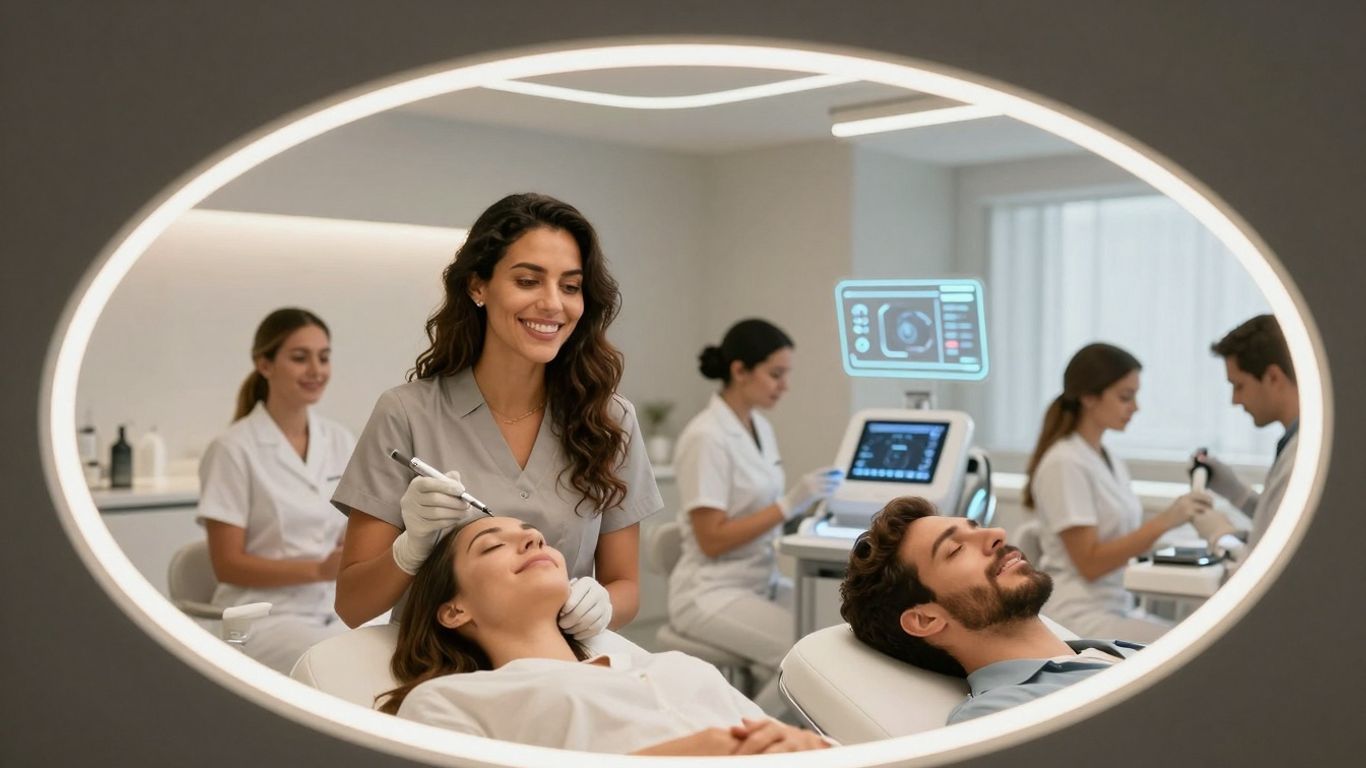 Modern medspa with patients and subtle AI interface.