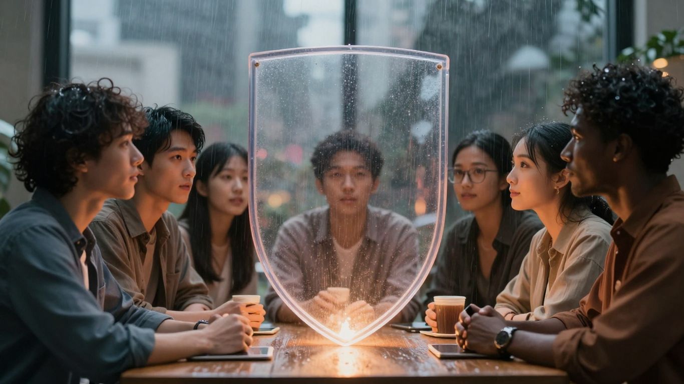 People protected by a shield from rain.