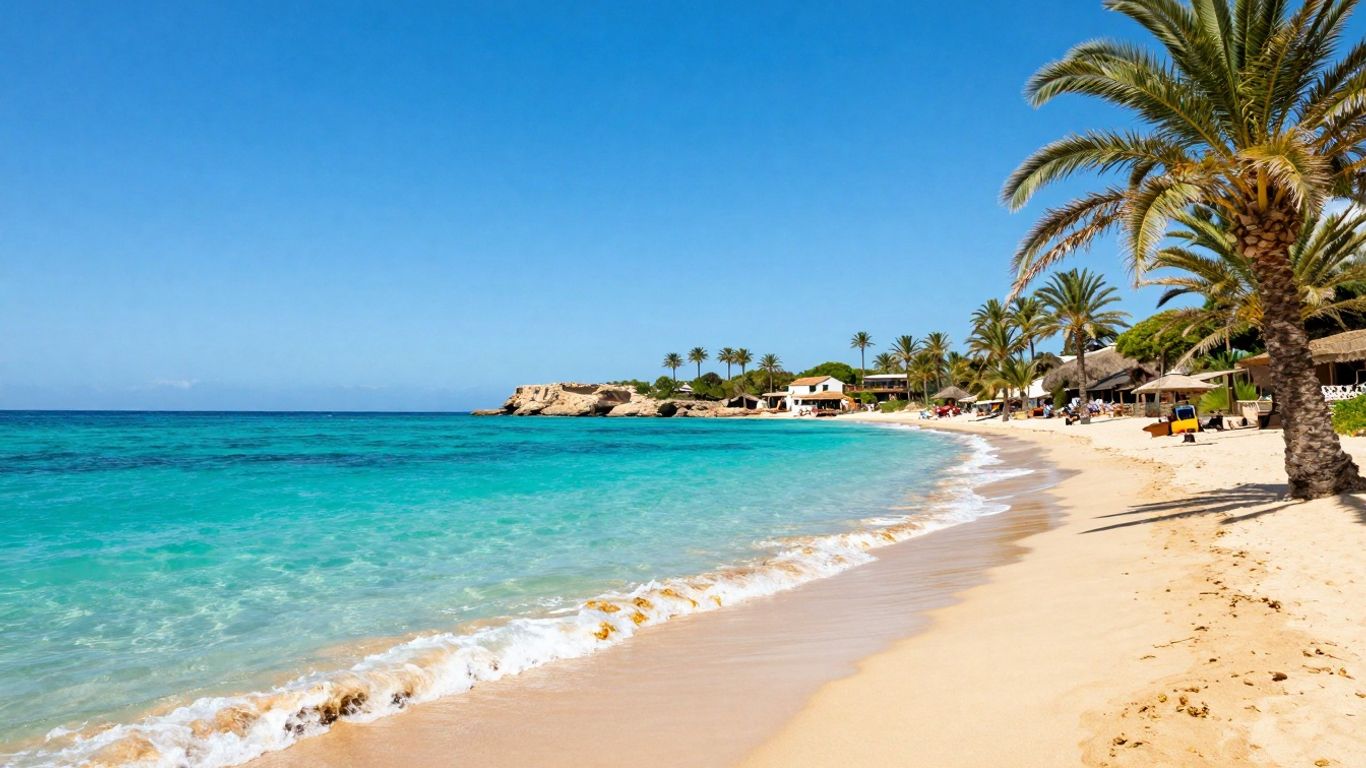 Zonnig strand op Ibiza met turquoise water en palmbomen.