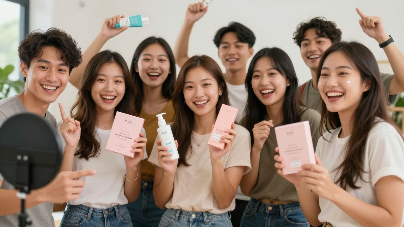 Influencers promoting products online with smiles.