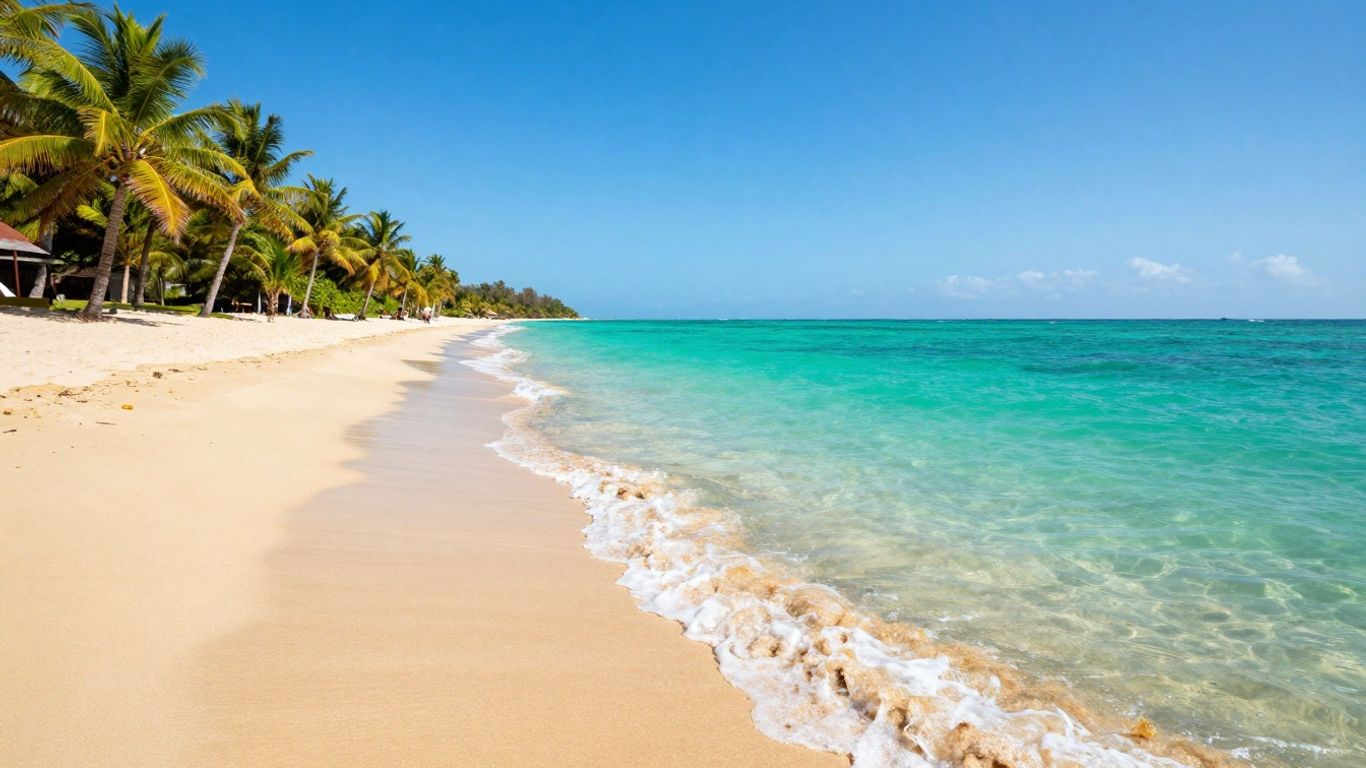 Sunny beach with palm trees and clear blue water.