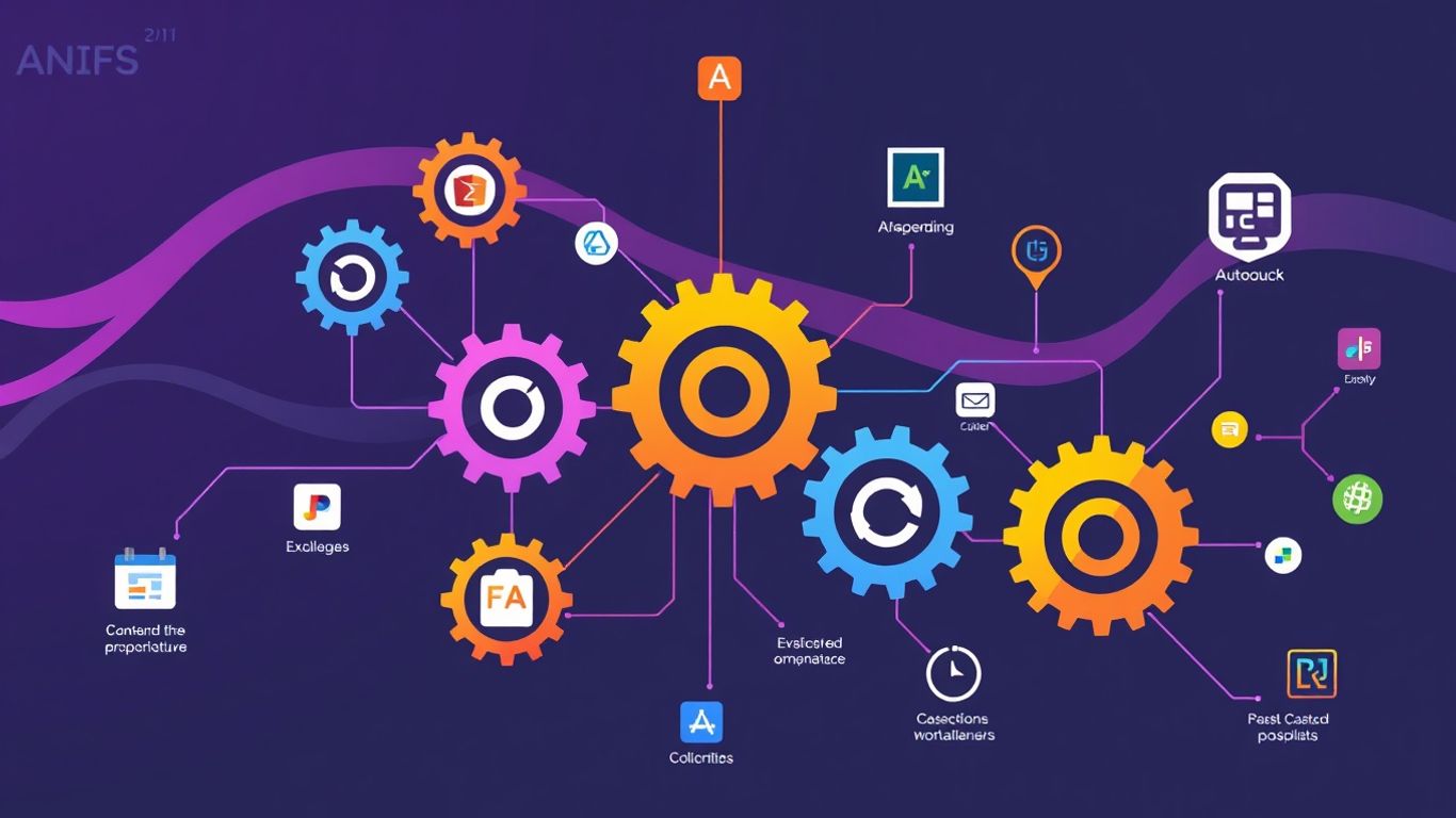 Infographic of interconnected gears and software icons for automation.