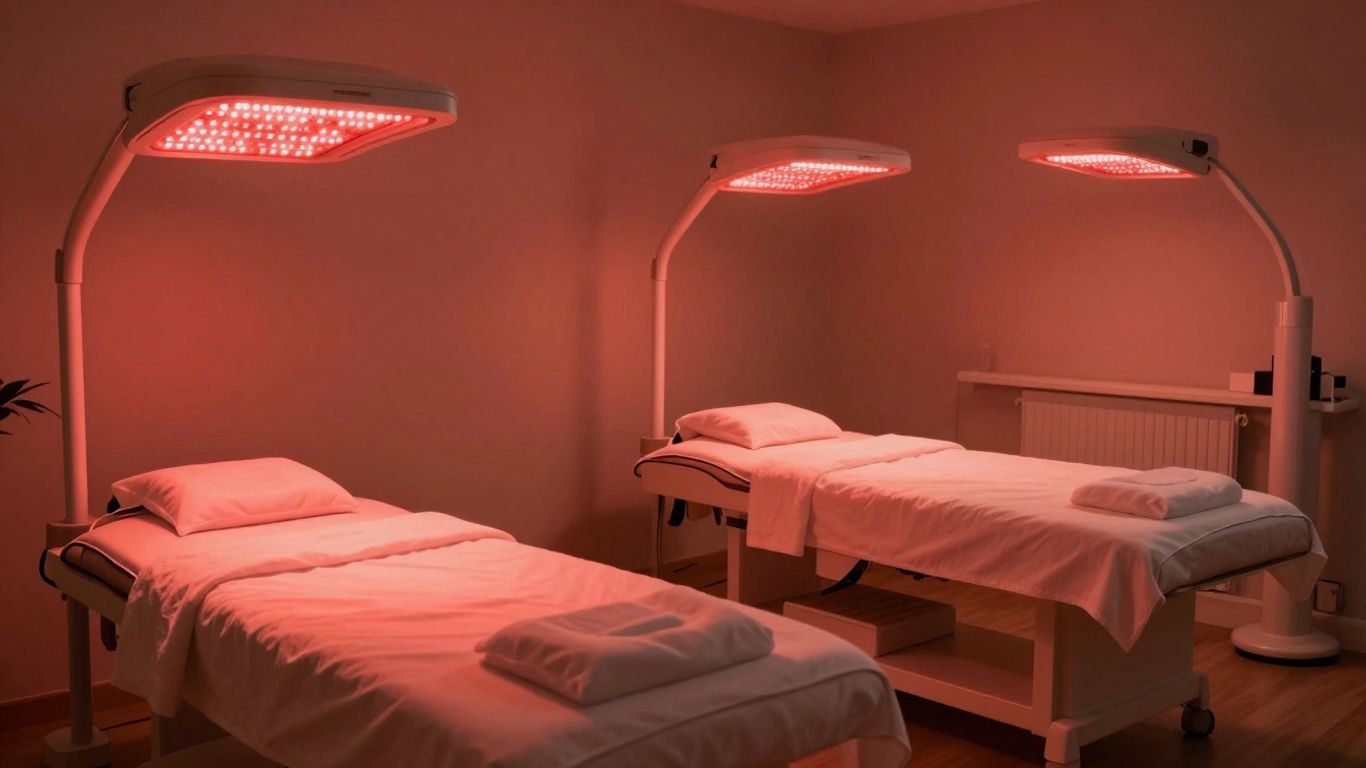 Red light therapy treatment room with glowing panels.
