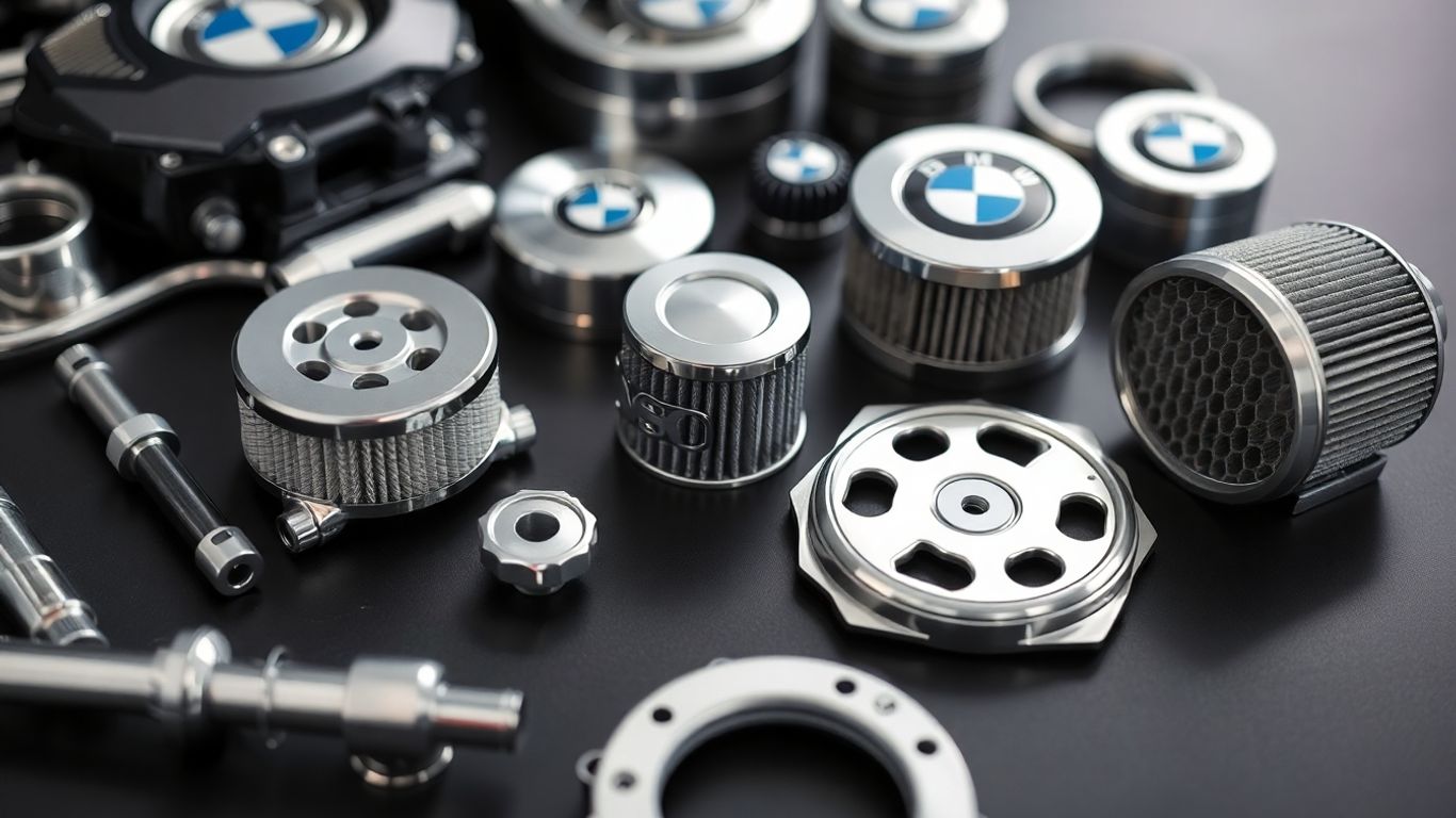 BMW spare parts laid out neatly