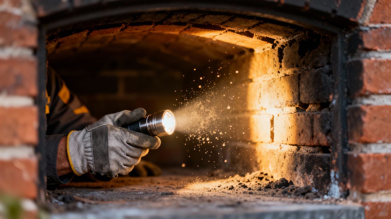Professional inspecting a clean chimney interior with a flashlight.