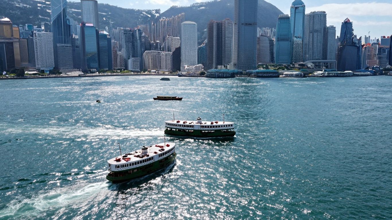 Victoria Harbour ferry crossing with city skylines.