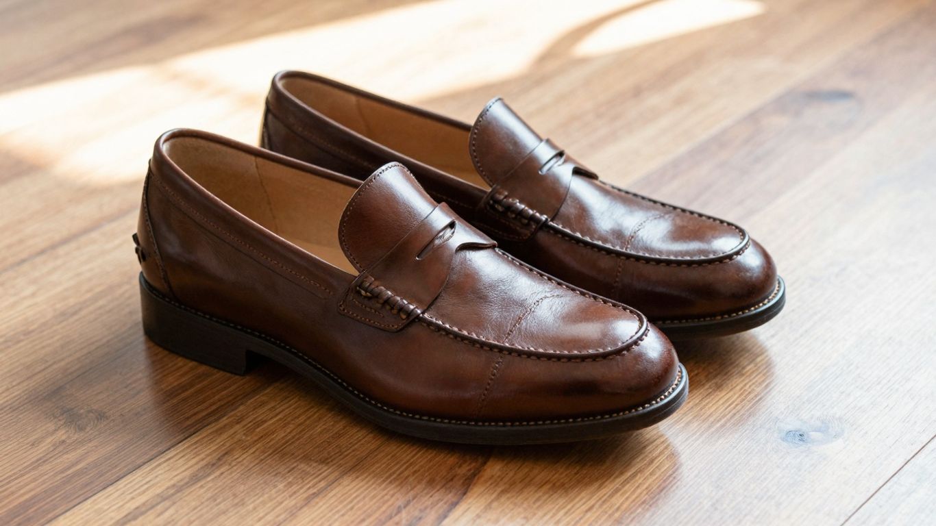 Classic brown penny loafers on a wooden floor.