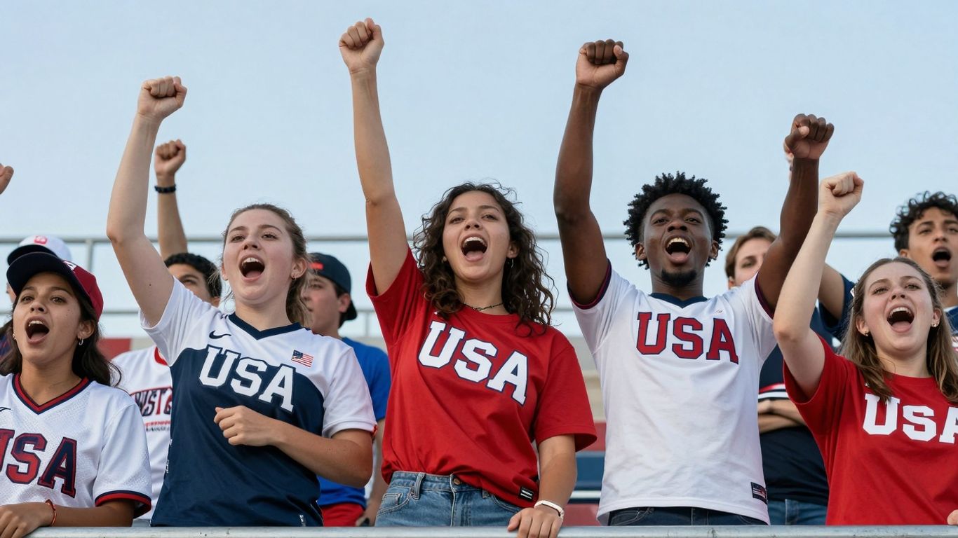 Fans in USA sports clothing cheering at a game.