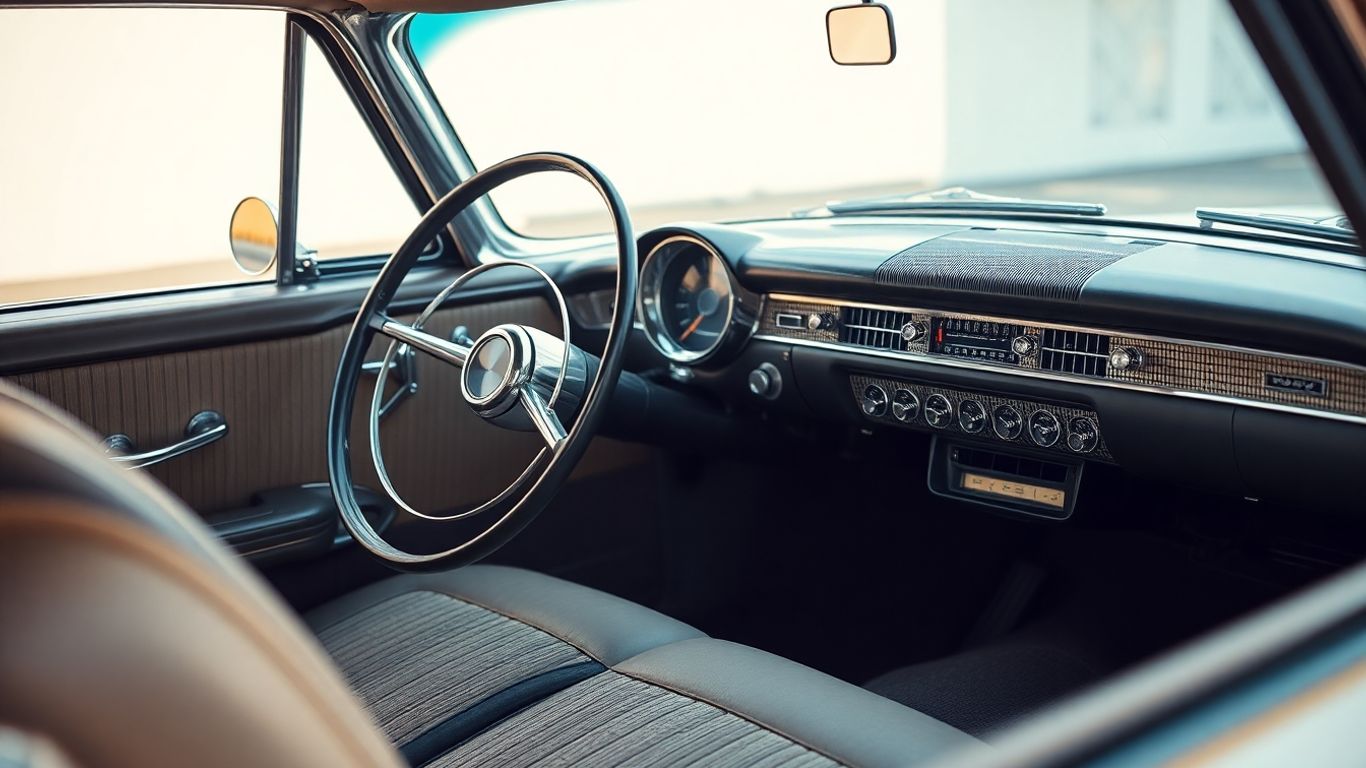 Vintage Chrysler car interior with restored dashboard and seats.
