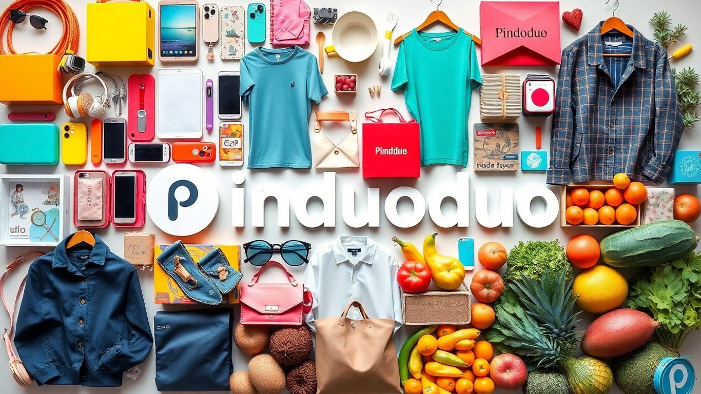 Pinduoduo products collage: electronics, clothing, and fresh produce.