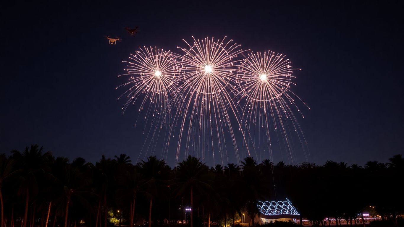 Corporate drone show over Bali at night.