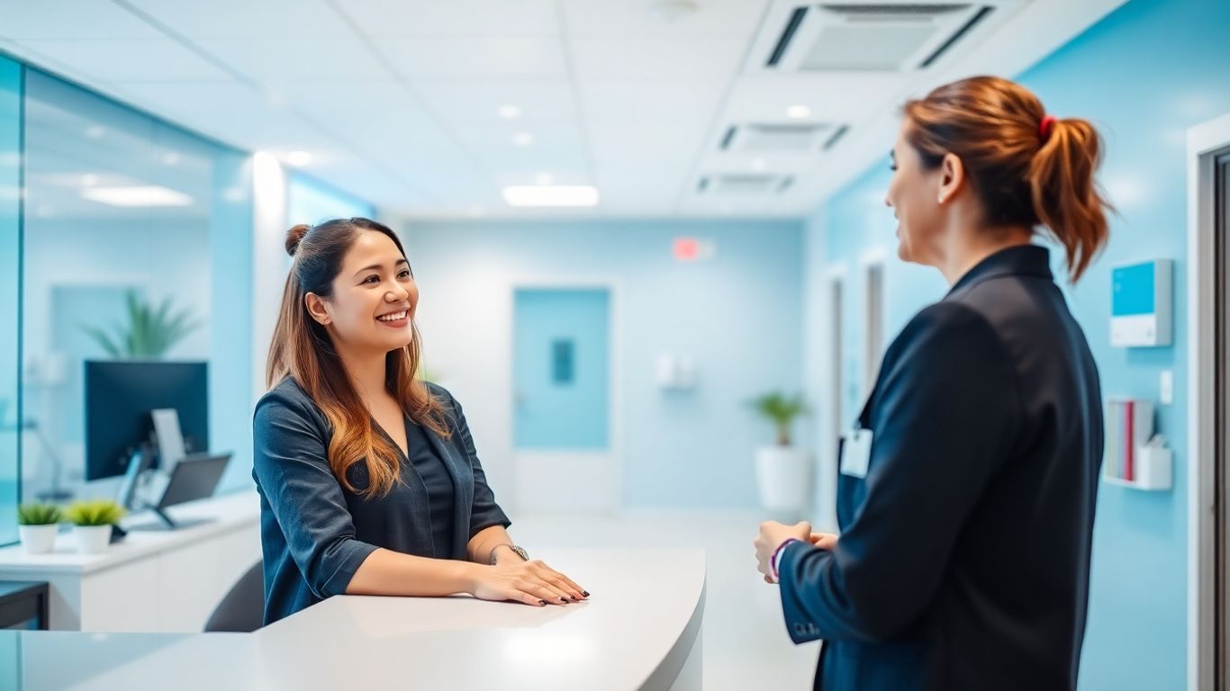 Clinic receptionist assisting a patient at the desk.