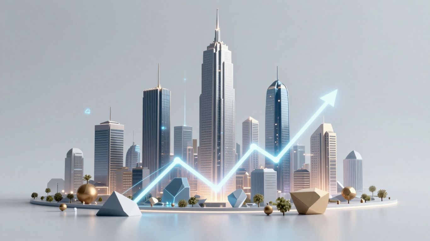 Futuristic cityscape with digital streams and geometric shapes.