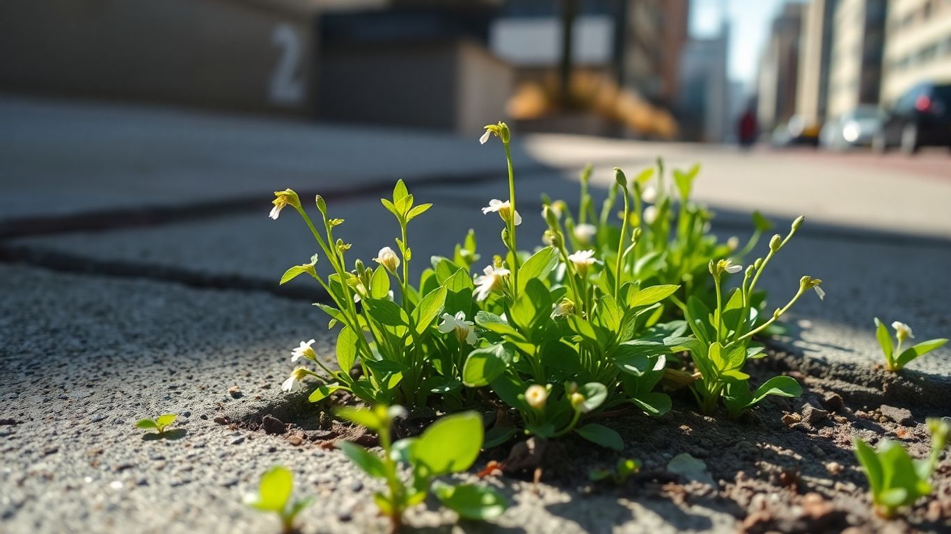 Essbare Wildkräuter sprießen im städtischen Umfeld.