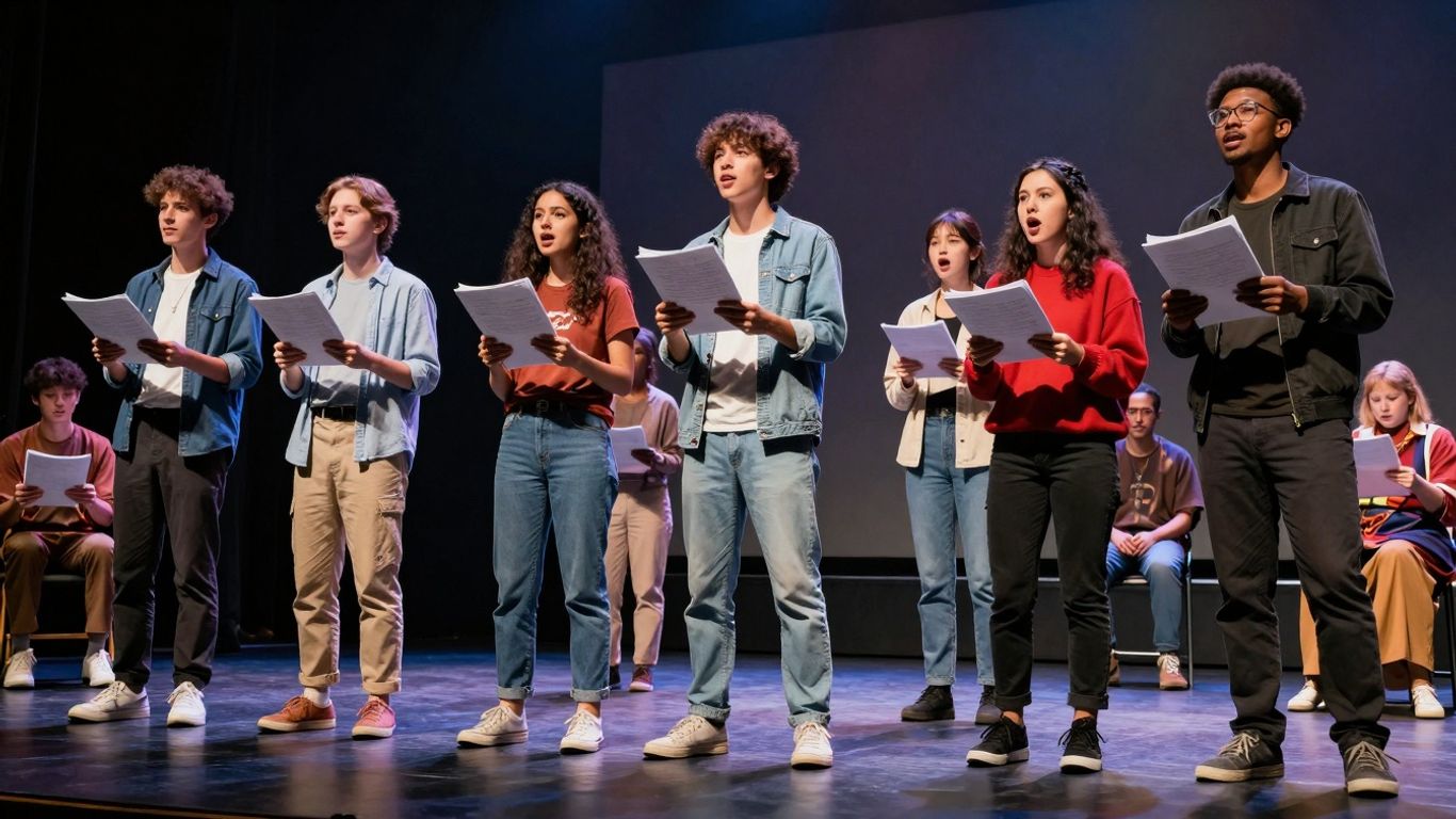 Oameni pe scenă de teatru amator, plini de pasiune.