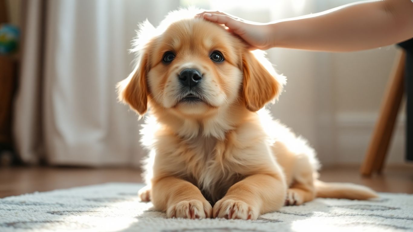 Golden Retriever puppy being petted by a child.