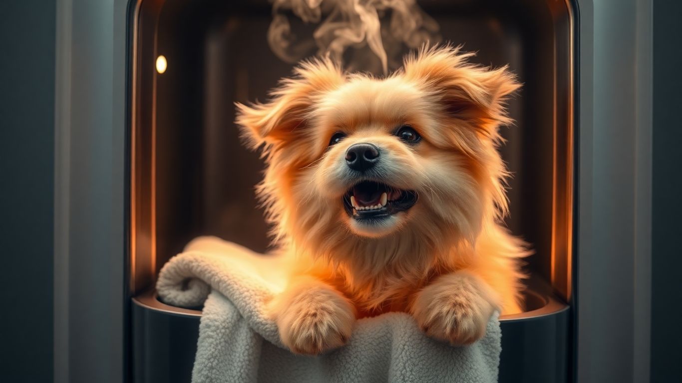 Dog enjoying a warm towel after grooming.